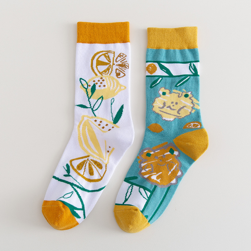 AB Mismatched Double-color Couple Socks Asymmetrical Cartoon Creative Personality INS Men Women Socks